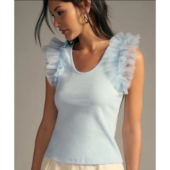 Anthropologie Tops - Anthropologie DOLAN TULLE Ruffled Ribbed Knit Tank Top in Blue S NWOT $78